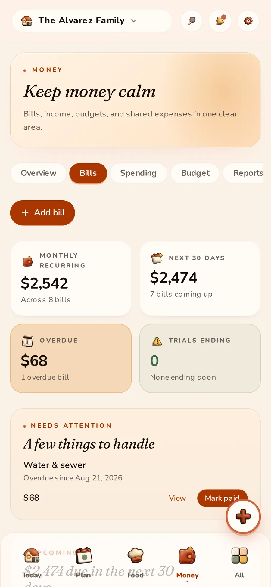 The HomyIQ Bills screen: monthly recurring, the next 30 days, and one overdue bill