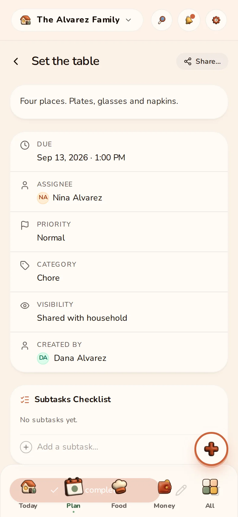 A chore assigned to Nina in the real example household