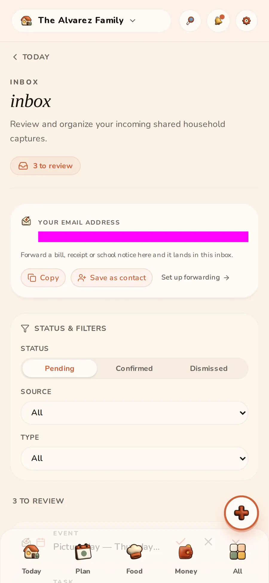 The HomyIQ Inbox screen: captured items waiting for a one-tap review
