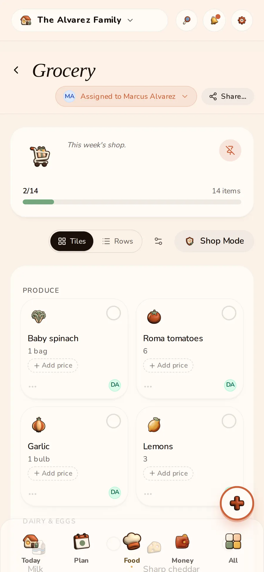 The HomyIQ shopping list, with this week's groceries grouped by aisle