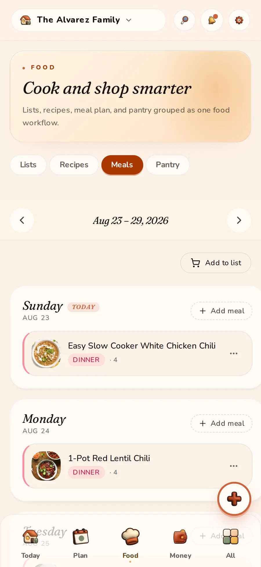 The HomyIQ meal plan for the week