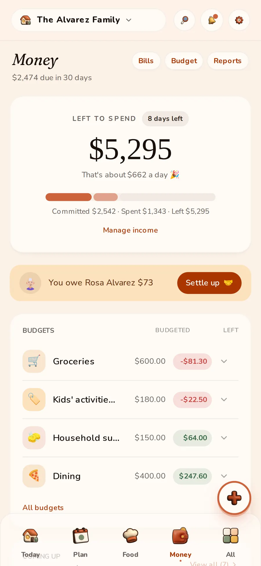 The HomyIQ shared-expenses screen showing a settle-up balance