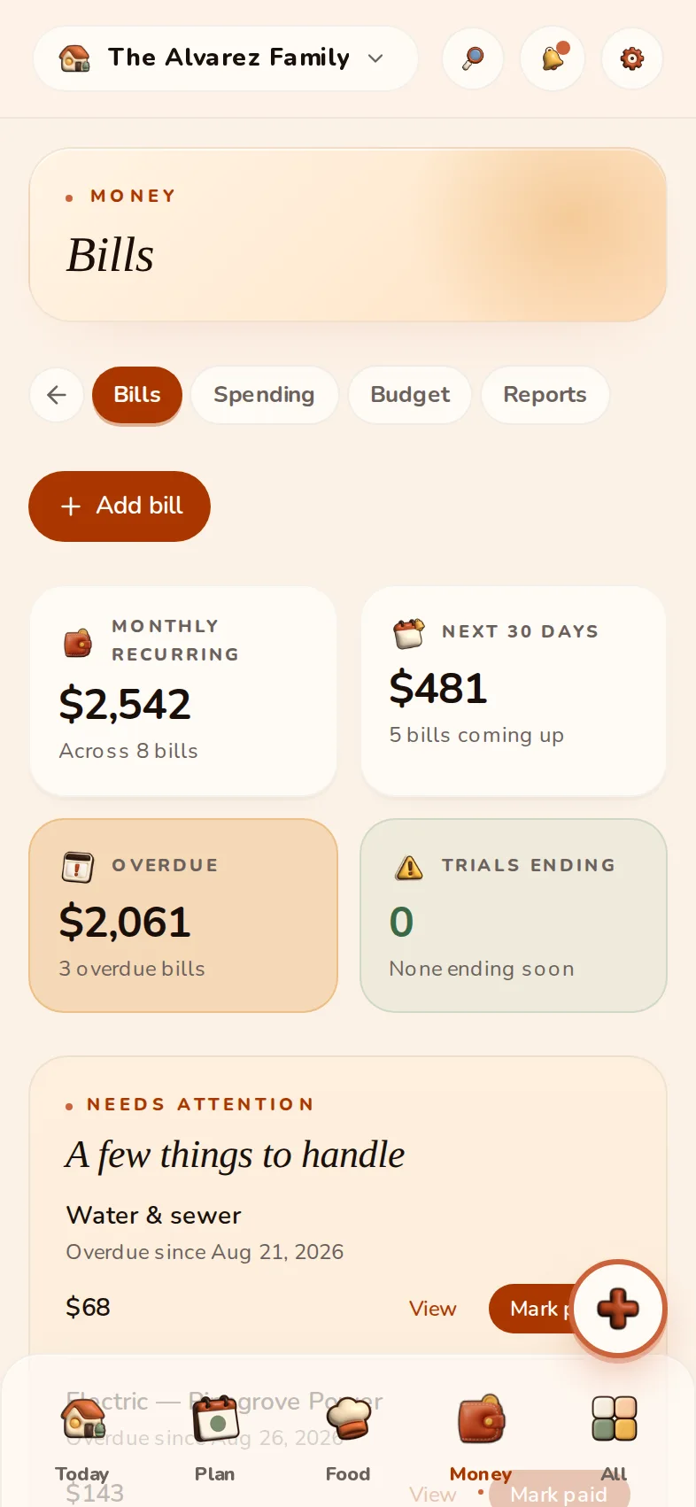 The HomyIQ Bills screen: monthly recurring, the next 30 days, and one overdue bill