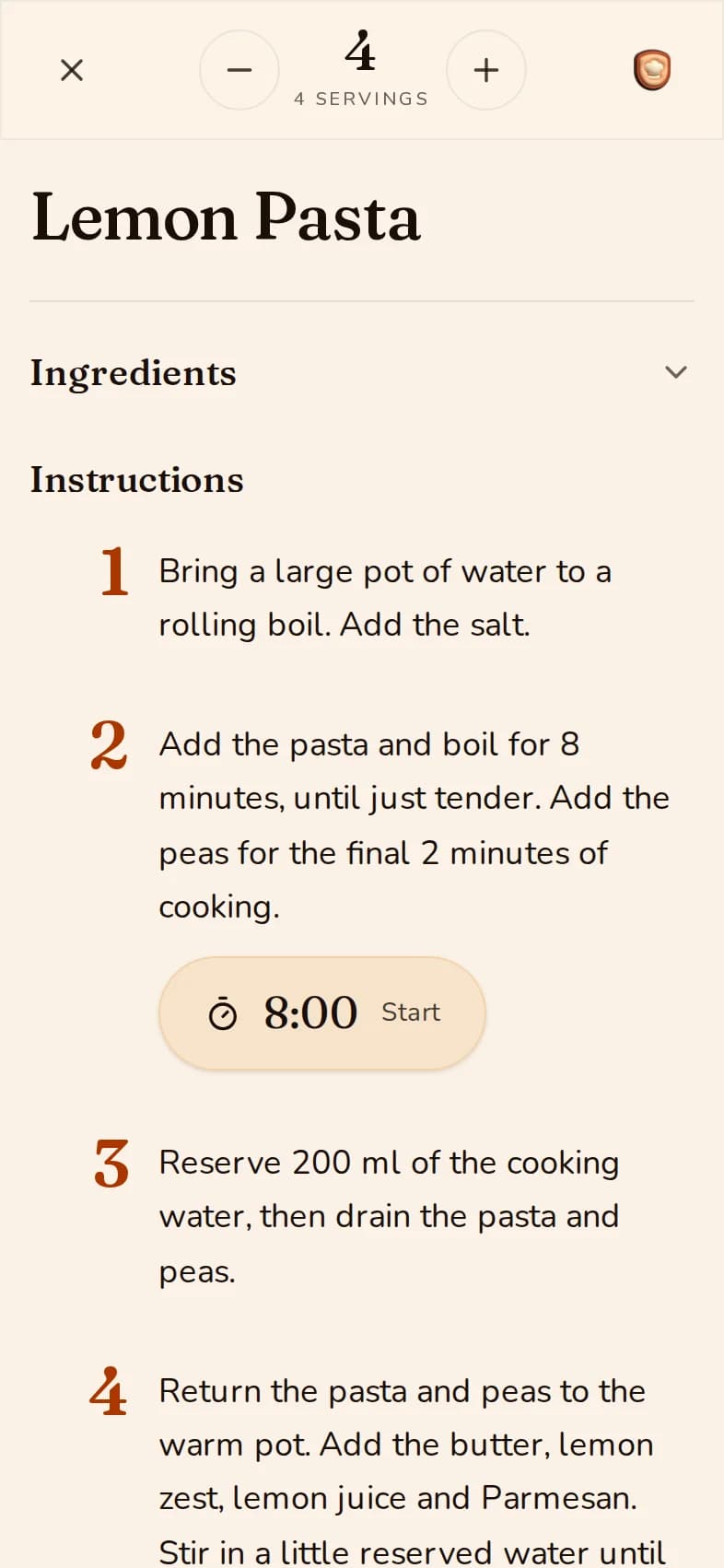 The saved Lemon Pasta recipe in Cook Mode, with numbered instructions.