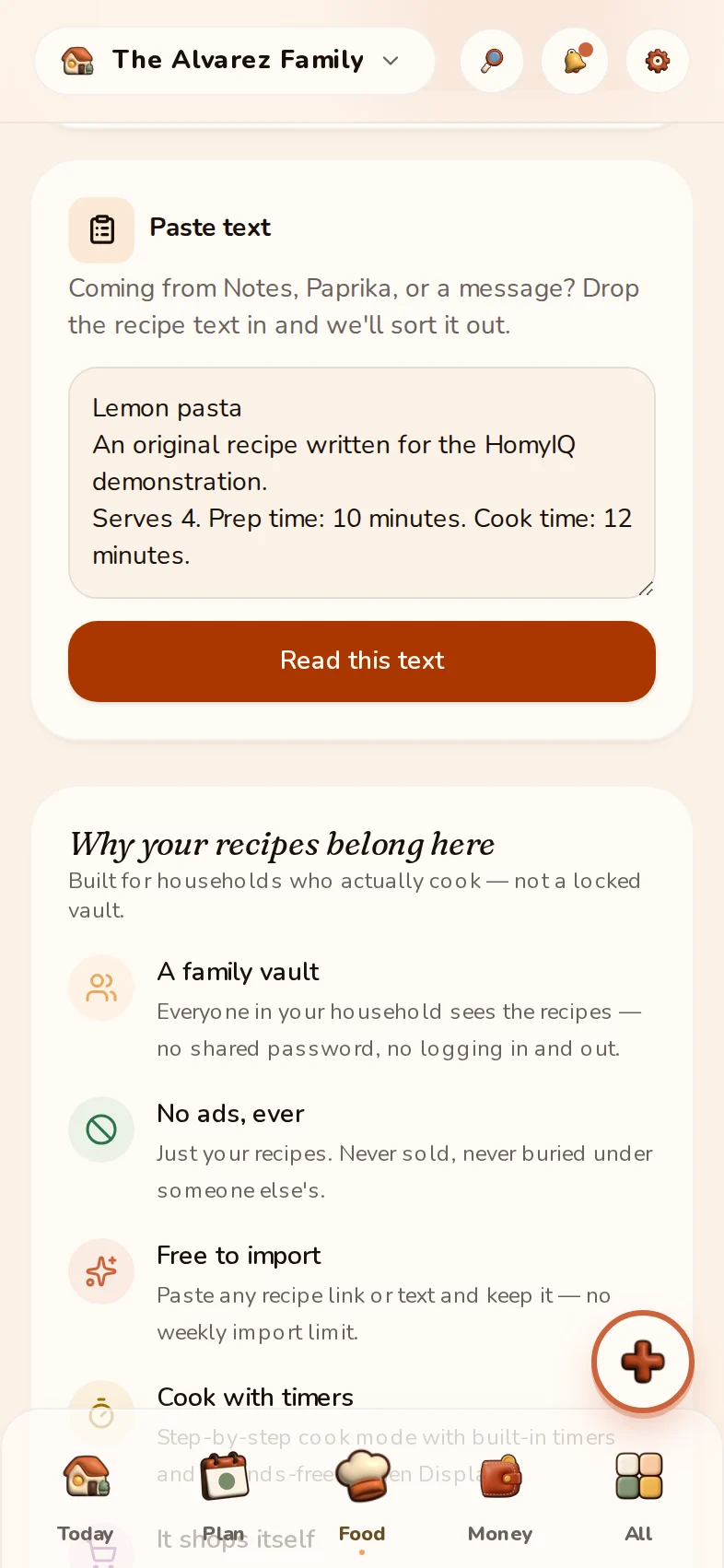 Original Lemon Pasta text in the recipe importer, ready to review.