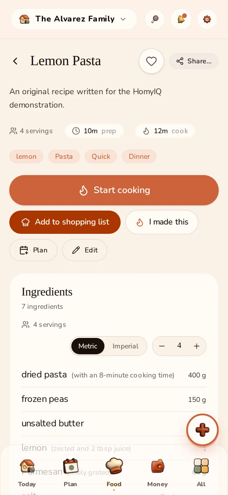 Lemon Pasta saved in the Alvarez household, with ingredients and Start cooking.