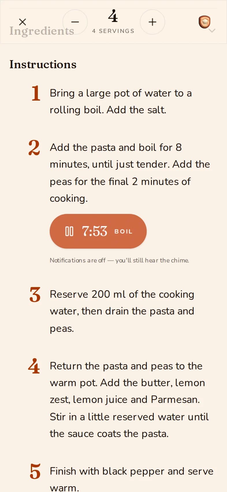 The real eight-minute pasta timer counting down in Cook Mode.