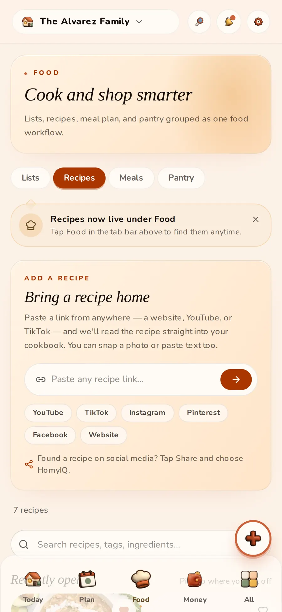 The HomyIQ Recipes screen