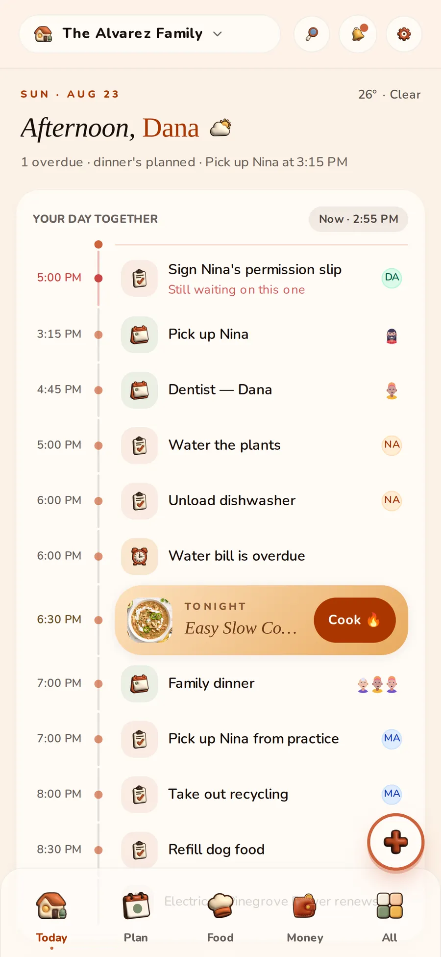 The HomyIQ Today screen with the day's plan, tonight's dinner, and the shopping list